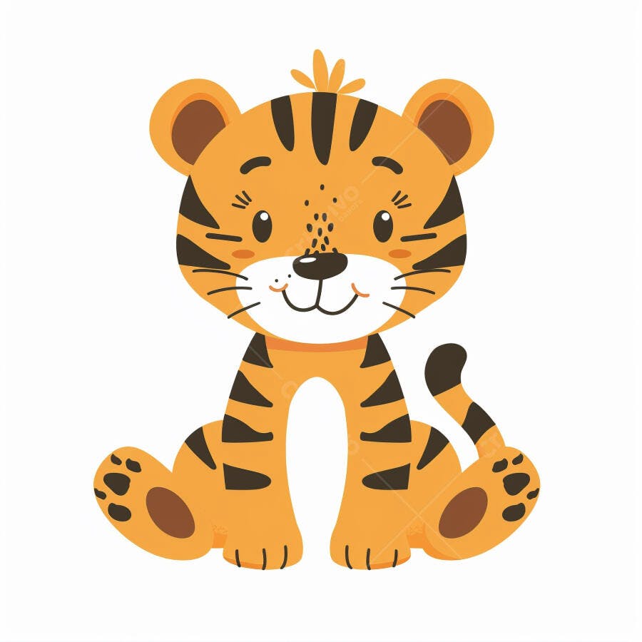 Tigre filhote laranja e preto fofo sentado ilustração infantil
