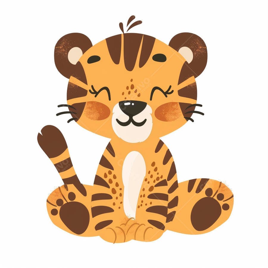 Desenho de tigre bebê fofo laranja marrom sentado sorrindo acenando