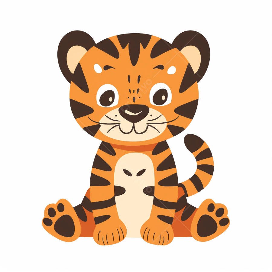 Tigre filhote de desenho animado laranja e preto sentado sorrindo