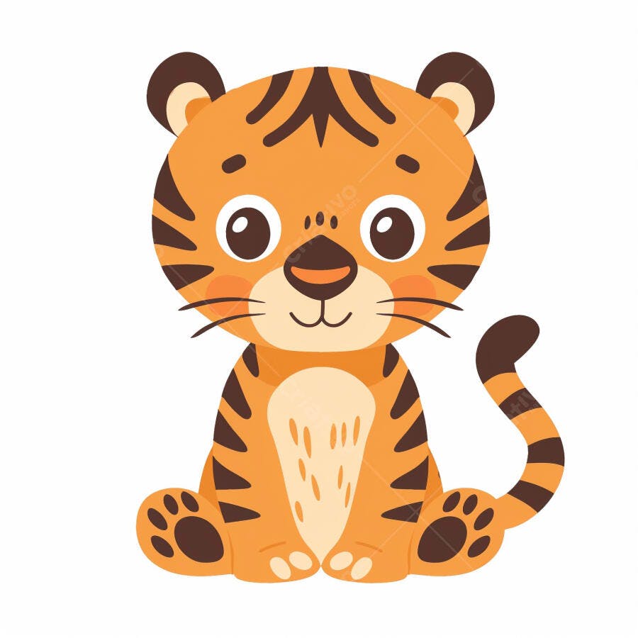 Tigre bebê fofo de desenho animado sentado sorrindo em fundo branco