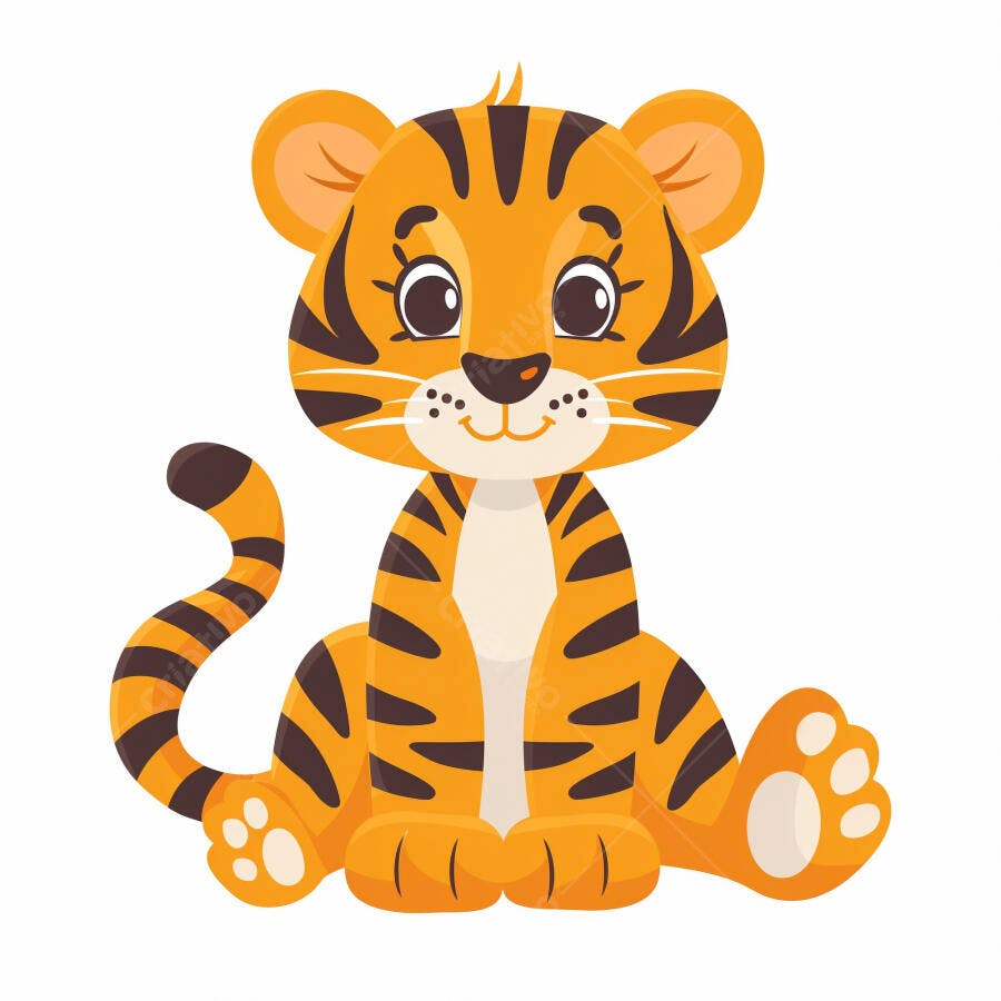 Tigre filhote feliz sorrindo em ilustração vibrante laranja e preta
