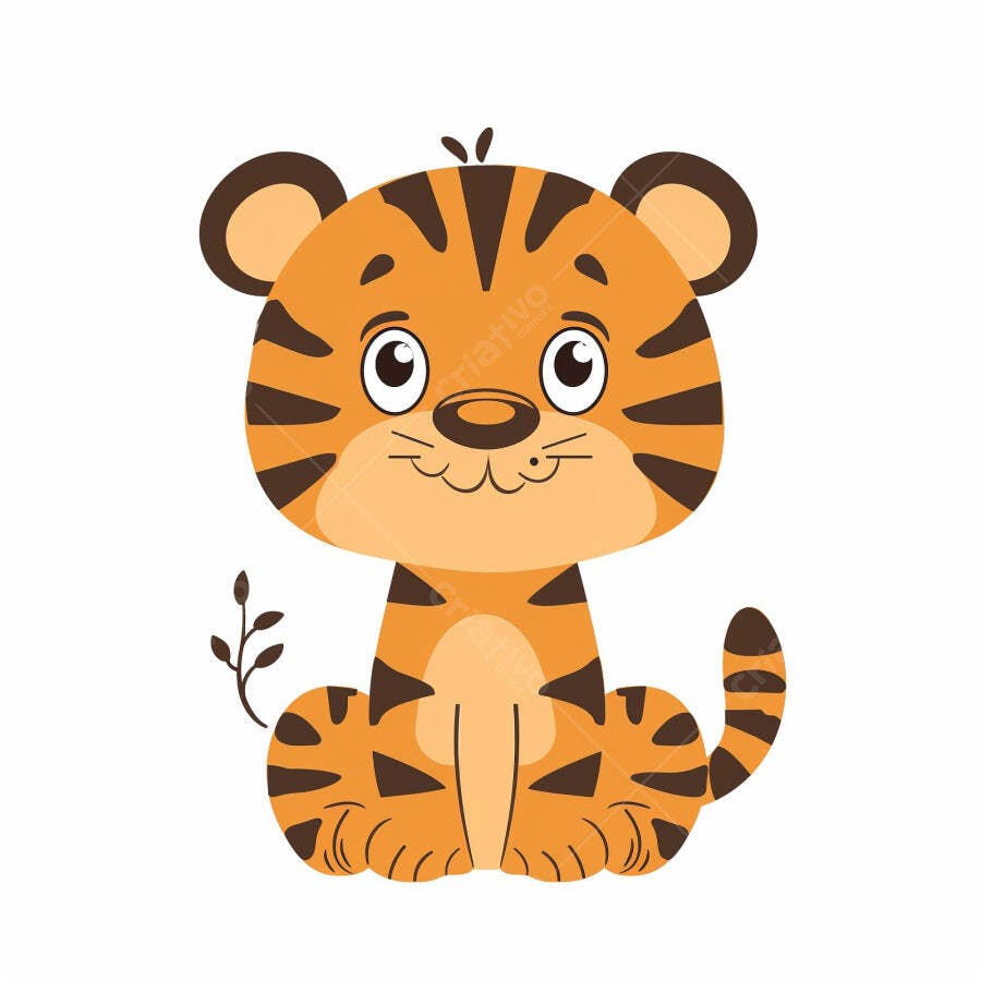Tigre bebê fofo de desenho animado sentado com listras laranja e pretas