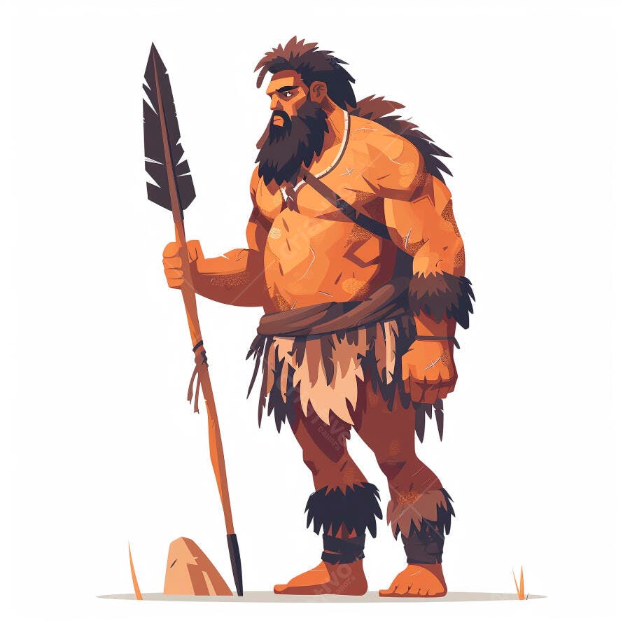 Homem das cavernas forte com barba e lança ilustração