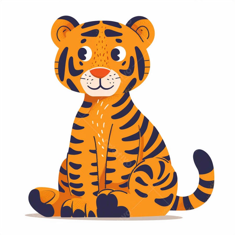 Tigre filhote cartoon laranja e preto sentado sorrindo em fundo branco