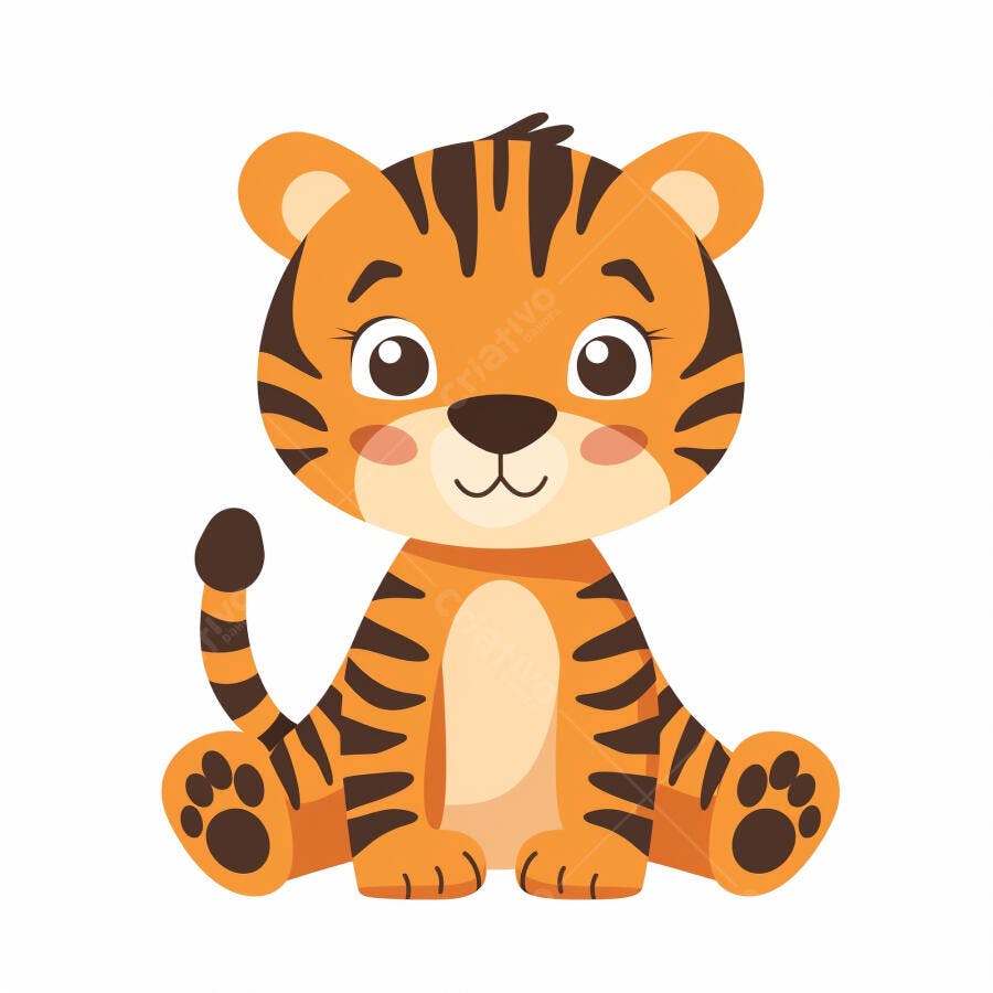 Tigre filhote laranja e preto sentado ilustração adorável fundo branco isolado