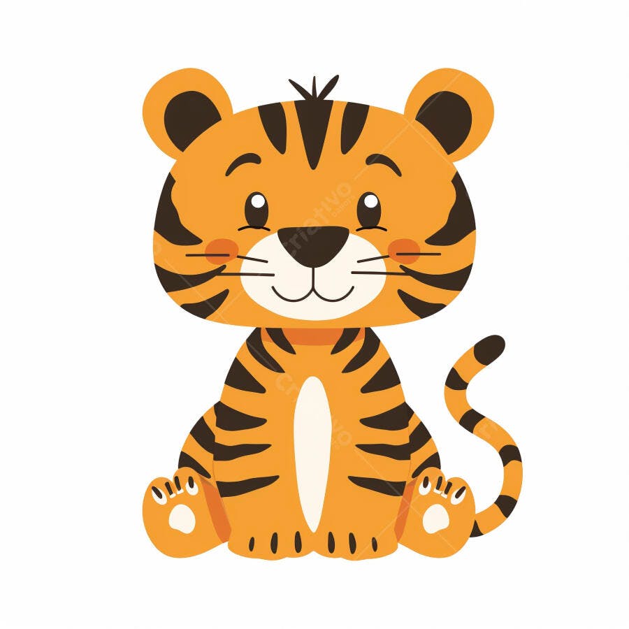 Filhote de tigre laranja e preto sentado sorrindo ilustração infantil fofa