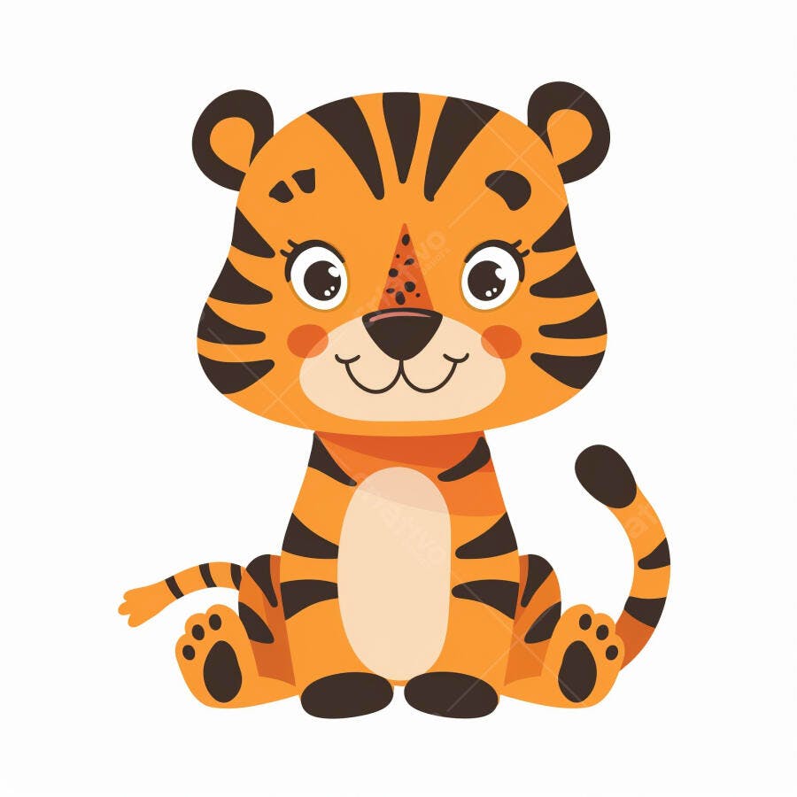 Tigre bebê fofo laranja e preto sentado sorrindo ilustração infantil