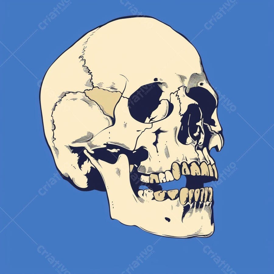 Crânio humano ilustrado em vista lateral com cores creme e azul em fundo sólido