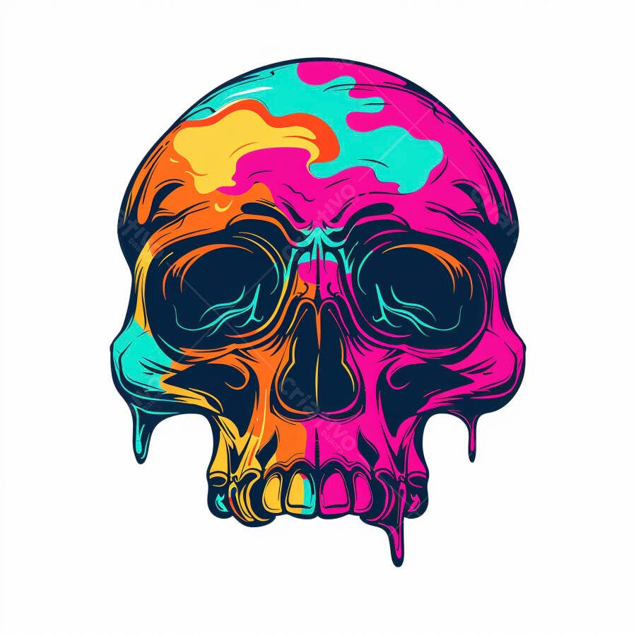Caveira vibrante estilo pop art com cores neon rosa laranja e azul gotejando