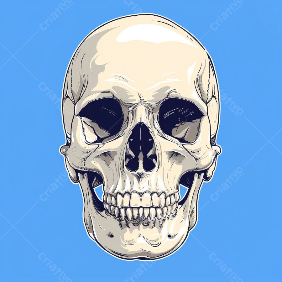 Crânio humano ilustração detalhada em fundo azul vibrante