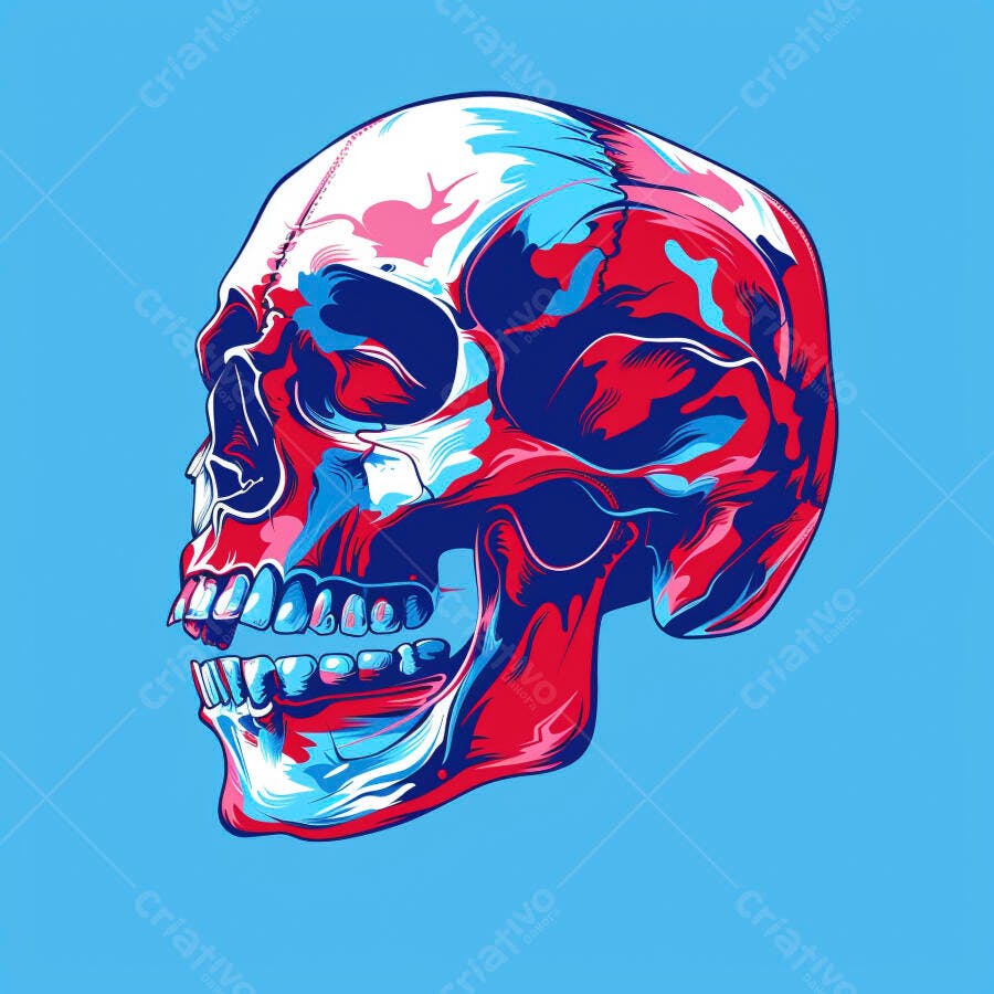 Caveira colorida em estilo pop art com vermelho azul e branco