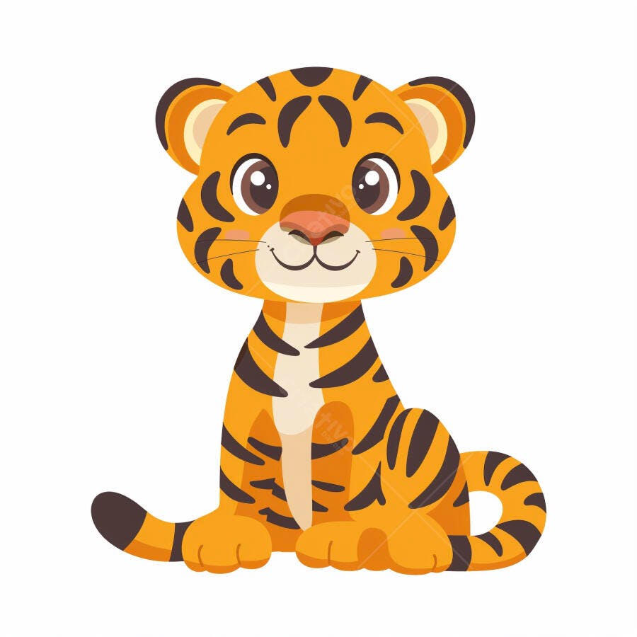Tigre filhote laranja e preto desenho animado sentado sorrindo fundo branco