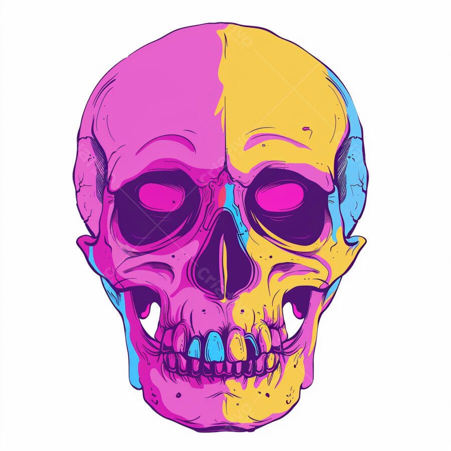 Crânio vibrante estilo pop art com cores neon rosa amarelo e azul