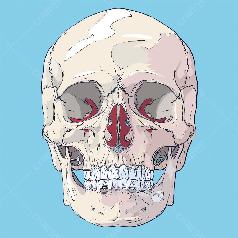 Crânio humano detalhado ilustração anatômica com fundo azul claro