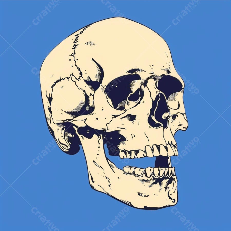Crânio humano ilustração bege e azul estilo vintage