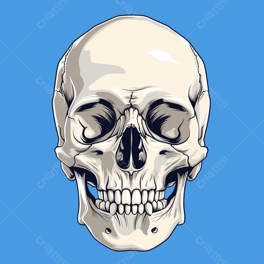Caveira humana ilustração detalhada com mandíbula aberta em fundo azul
