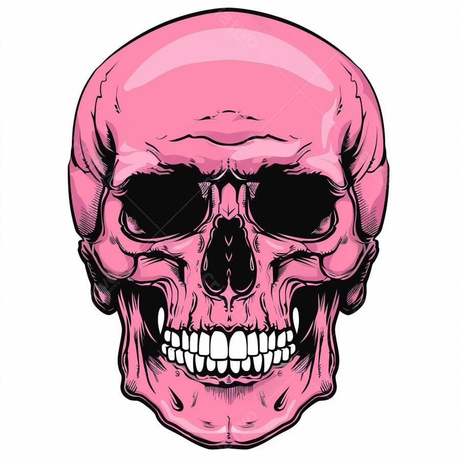 Crânio rosa ilustração estilo cartoon com dentes brancos