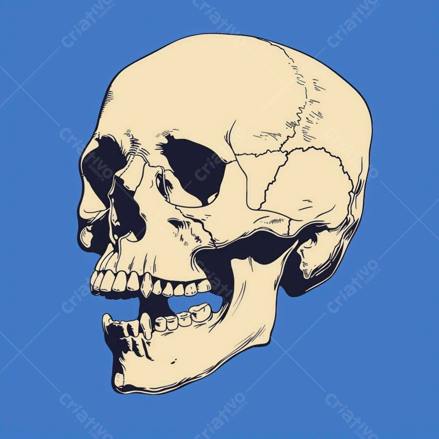 Crânio humano ilustrado bege boca aberta em perfil fundo azul