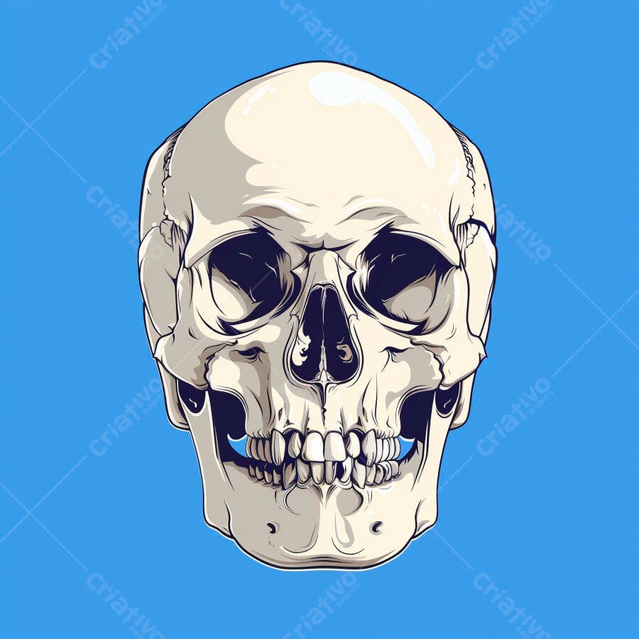 Crânio humano ilustrado em estilo vetor off-white com fundo azul vibrante anatomia médica