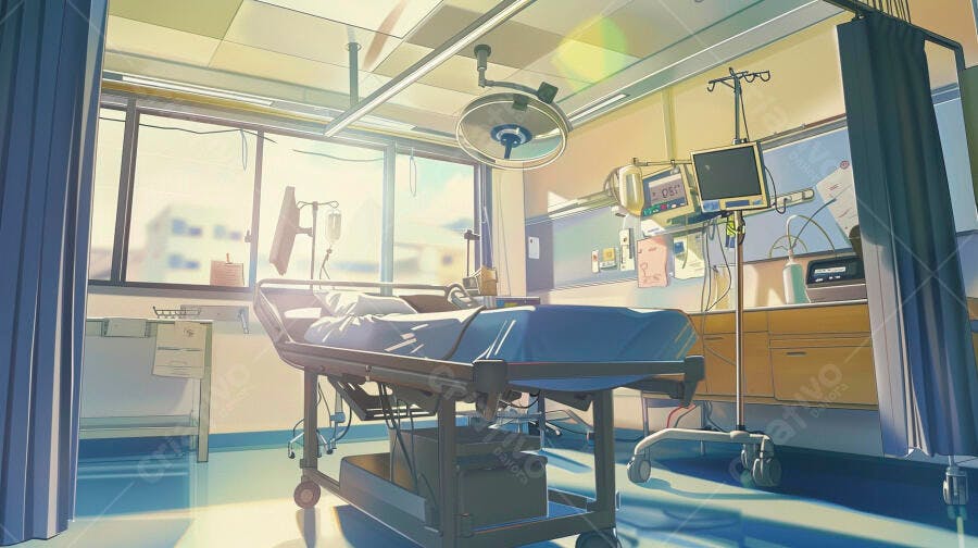 Quarto de hospital vazio iluminado pelo sol com equipamentos médicos modernos