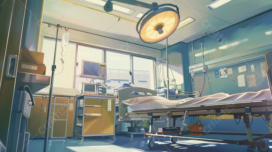 Quarto de hospital com cama vazia equipamentos médicos e luz do sol