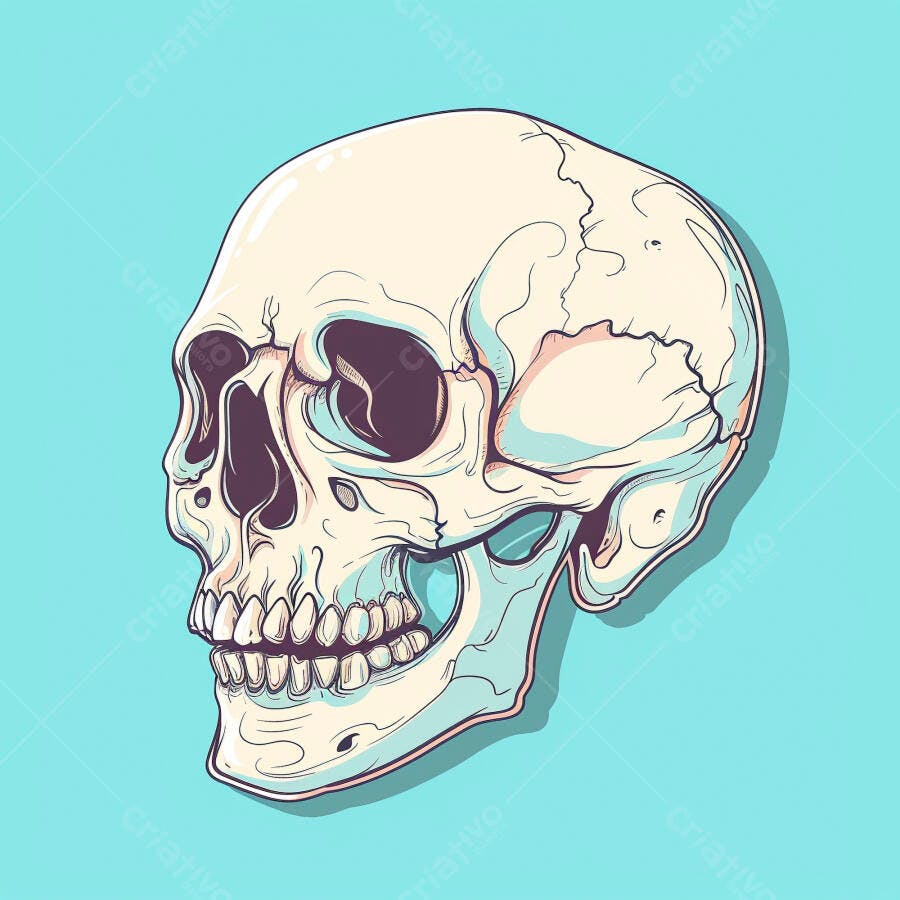 Crânio humano ilustrado com cores pastel vibrantes fundo azul claro