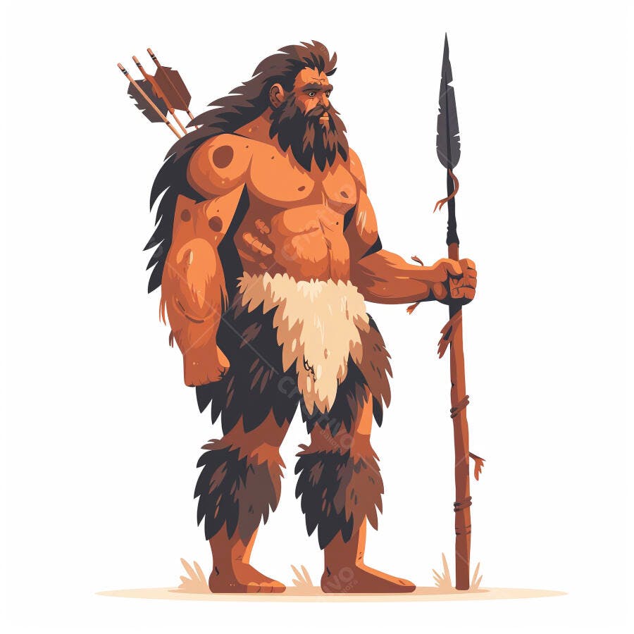 Homem das cavernas primitivo com barba lança e flechas ilustração