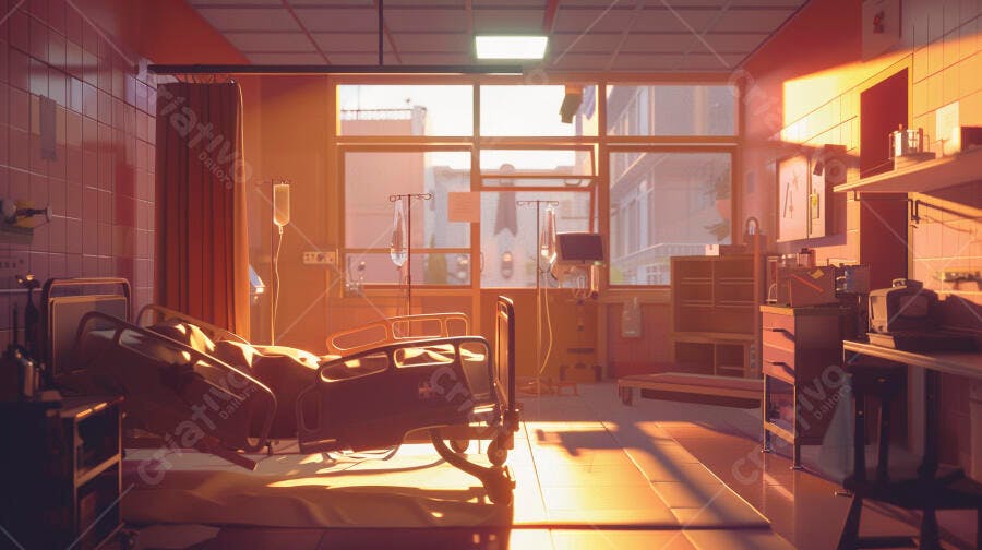 Quarto de hospital vazio com luz dourada do sol da manhã