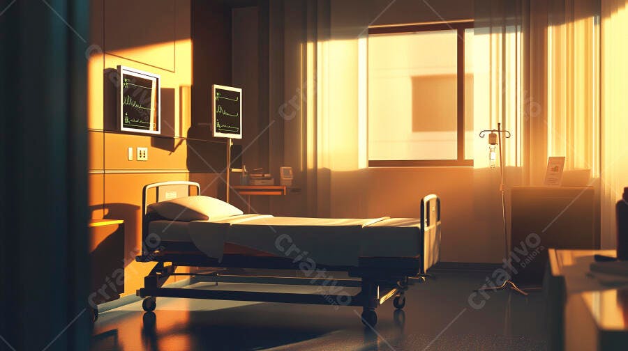 Quarto de hospital vazio iluminado pelo sol da manhã