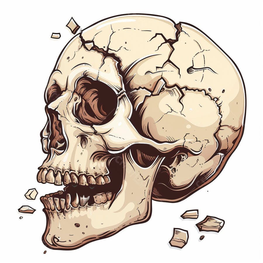 Crânio humano rachado ilustração com mandíbula aberta e pedaços soltos