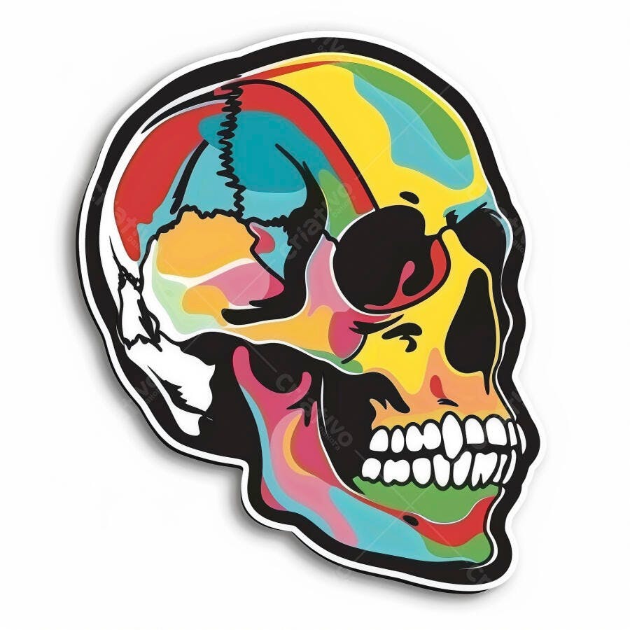 Crânio colorido estilo pop art com cores vibrantes e contorno preto