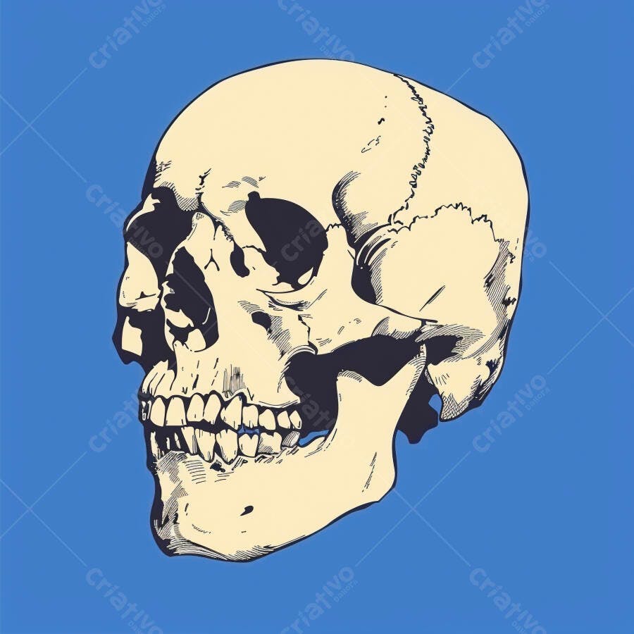 Crânio humano ilustração em estilo vintage sobre fundo azul