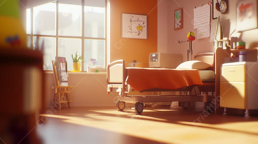 Quarto de hospital ensolarado com cama e detalhes coloridos na janela