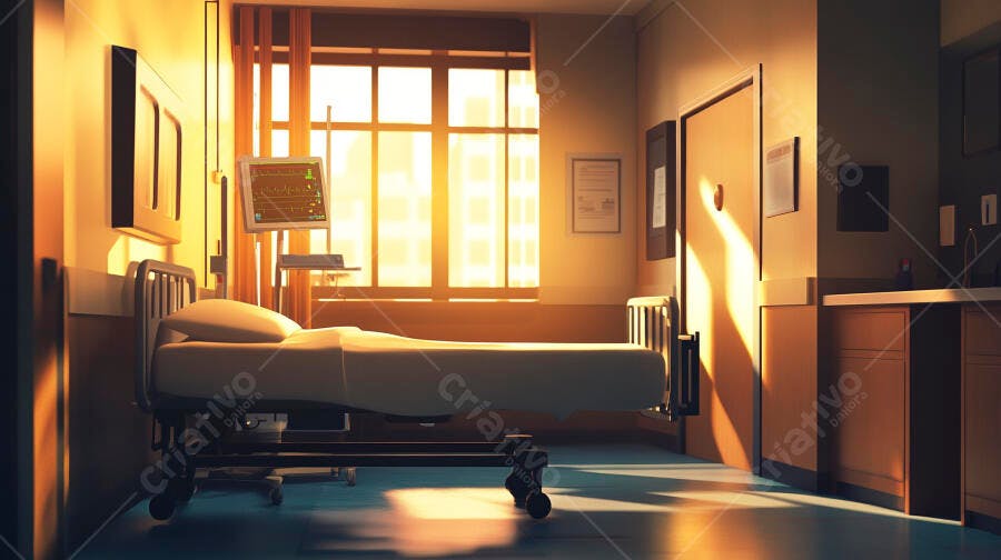 Quarto hospitalar vazio com cama e monitor médico ao amanhecer