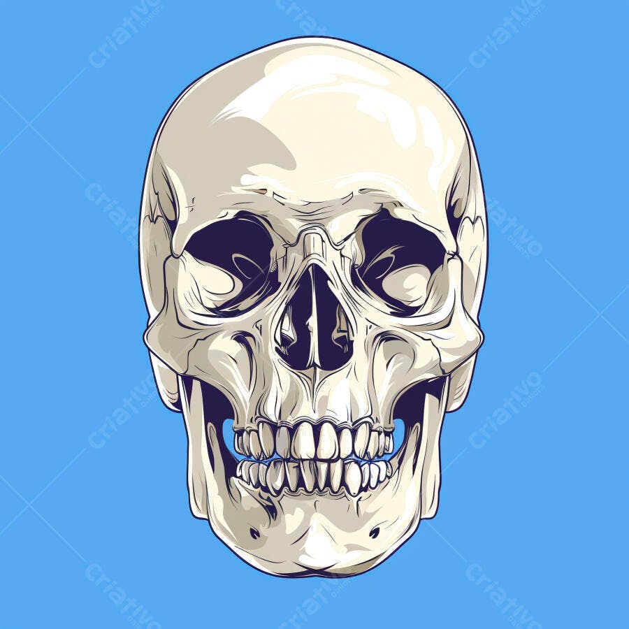 Crânio humano ilustrado em branco e cinza sobre fundo azul vibrante