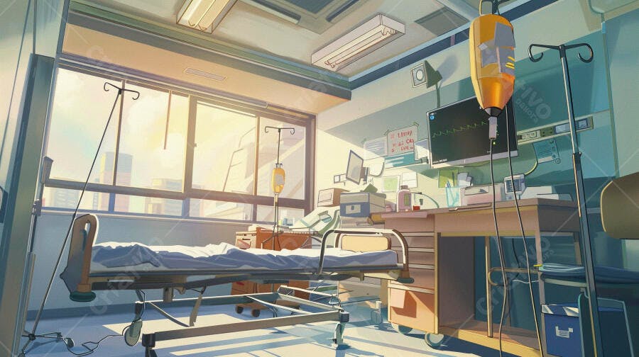 Quarto de hospital vazio com luz solar quente e equipamentos médicos