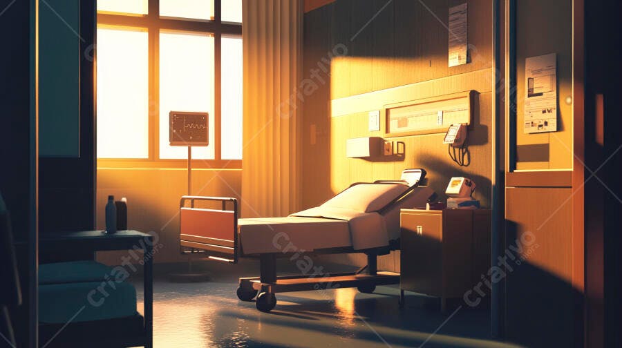 Quarto de hospital vazio banhado pela luz solar quente do entardecer