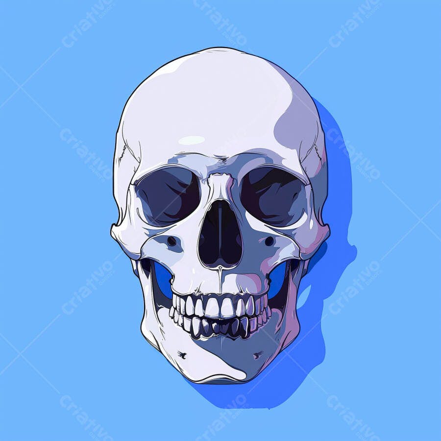 Crânio humano ilustração pop art detalhada em fundo azul vibrante