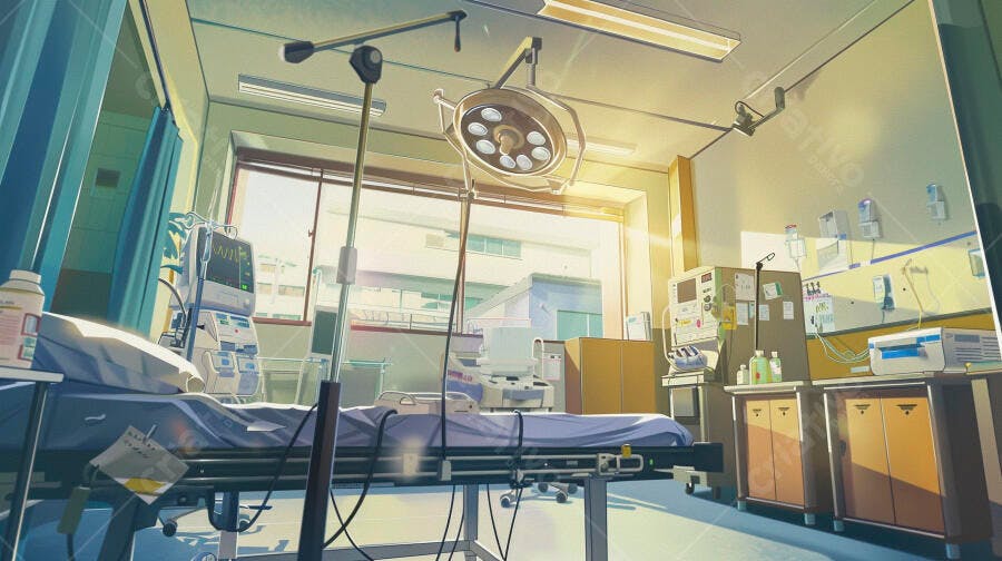 Quarto de hospital moderno com cama vazia equipamentos médicos e luz solar