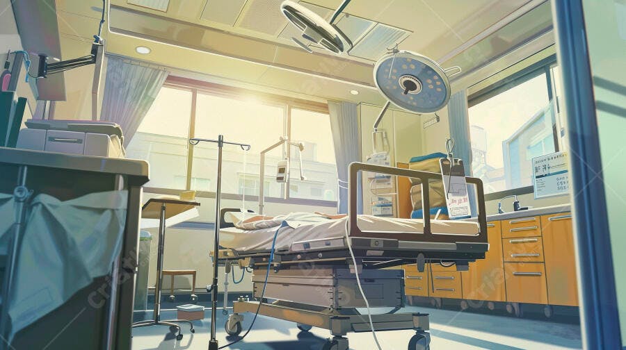 Quarto de hospital vazio iluminado pelo sol com equipamentos médicos estilo anime