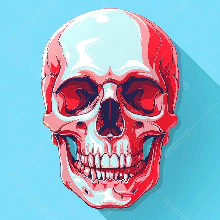 Crânio humano vermelho e branco ilustrado com sombra longa em fundo azul