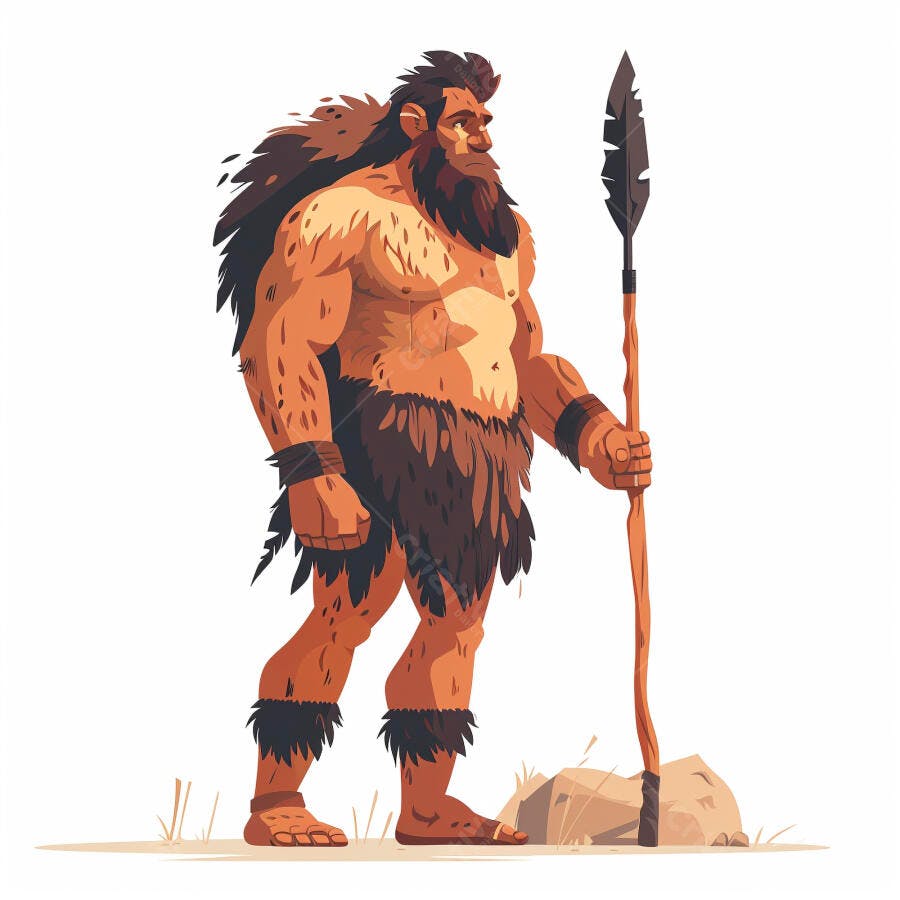 Homem musculoso pré-histórico com barba e lança em roupa de pele primitiva