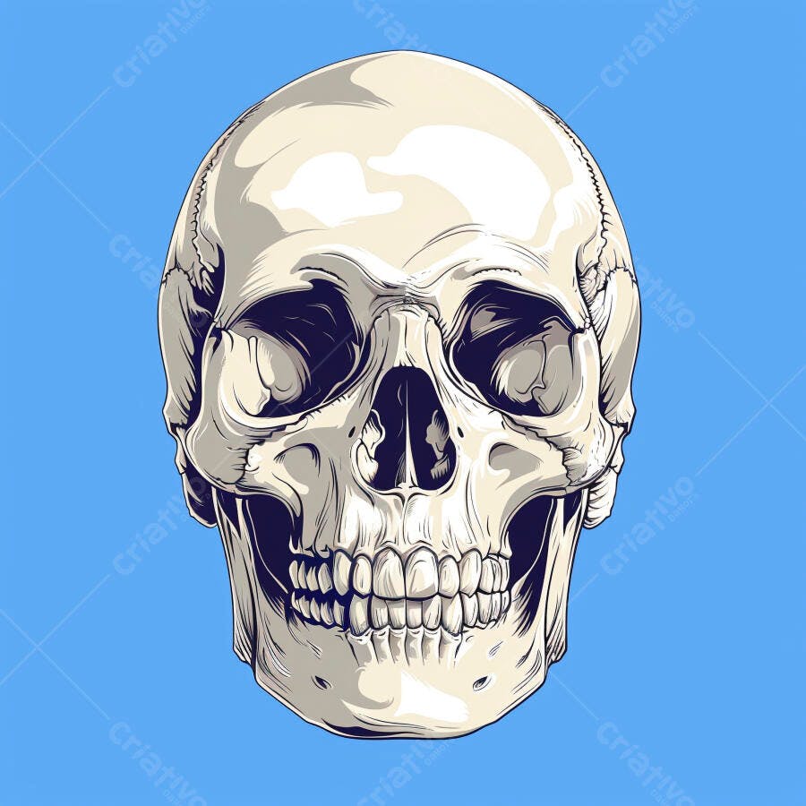 Crânio humano ilustração detalhada em tom off-white em fundo azul claro