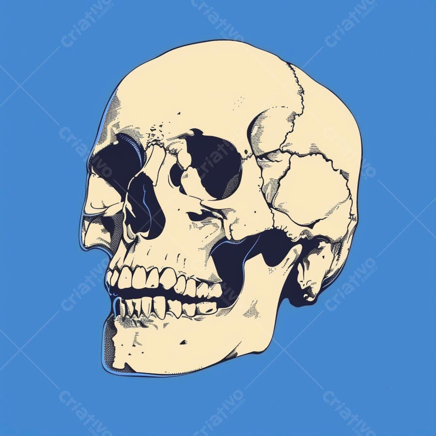 Crânio humano ilustrado em tons de creme e azul sobre fundo vibrante