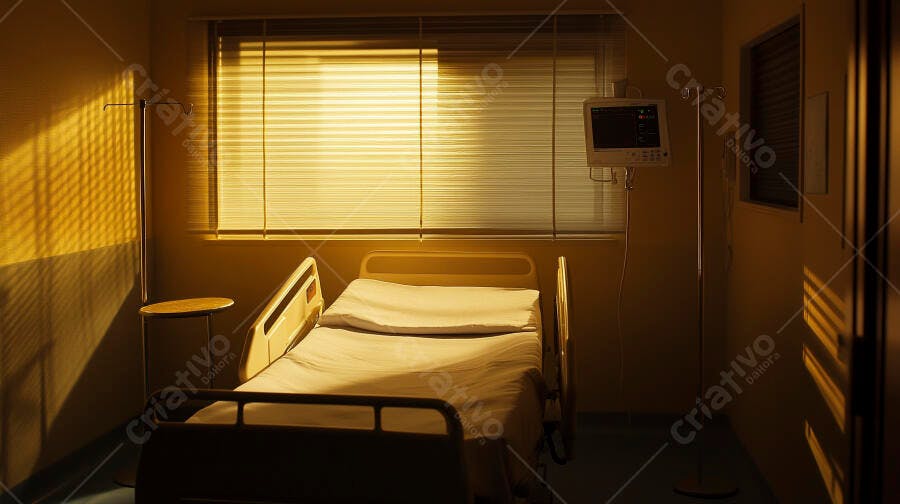 Cama de hospital vazia em quarto ao amanhecer com luz do sol amarela
