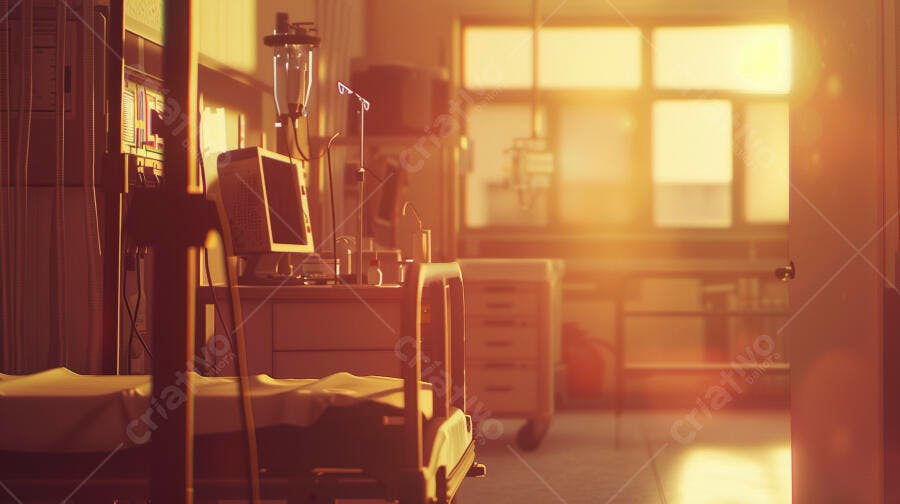 Quarto de hospital vazio com luz dourada do amanhecer e equipamento médico
