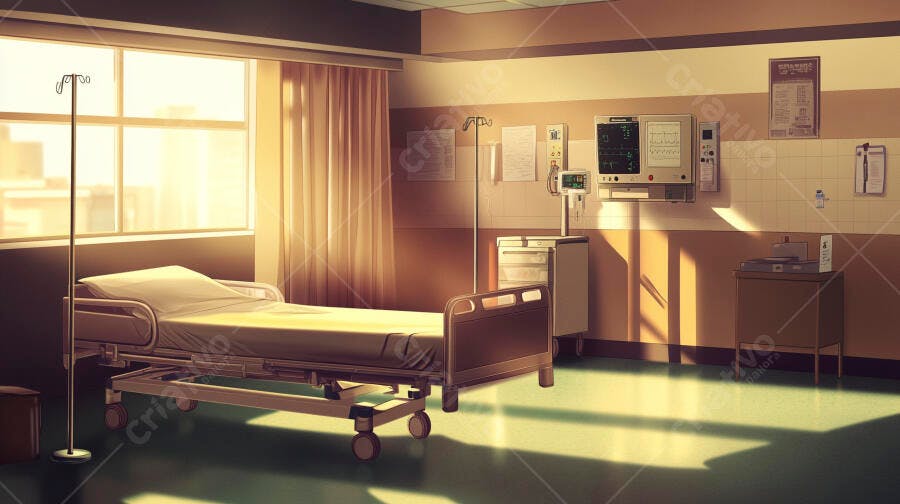 Quarto de hospital vazio cama e equipamentos ao amanhecer