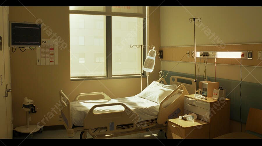 Quarto de hospital com cama vazia e equipamentos médicos ao lado da janela
