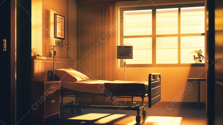 Quarto de hospital vazio com cama monitor e luz dourada do amanhecer