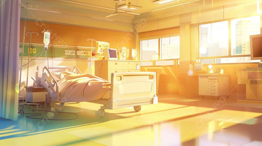 Quarto de hospital vazio com cama e equipamentos médicos iluminado pelo sol da manhã